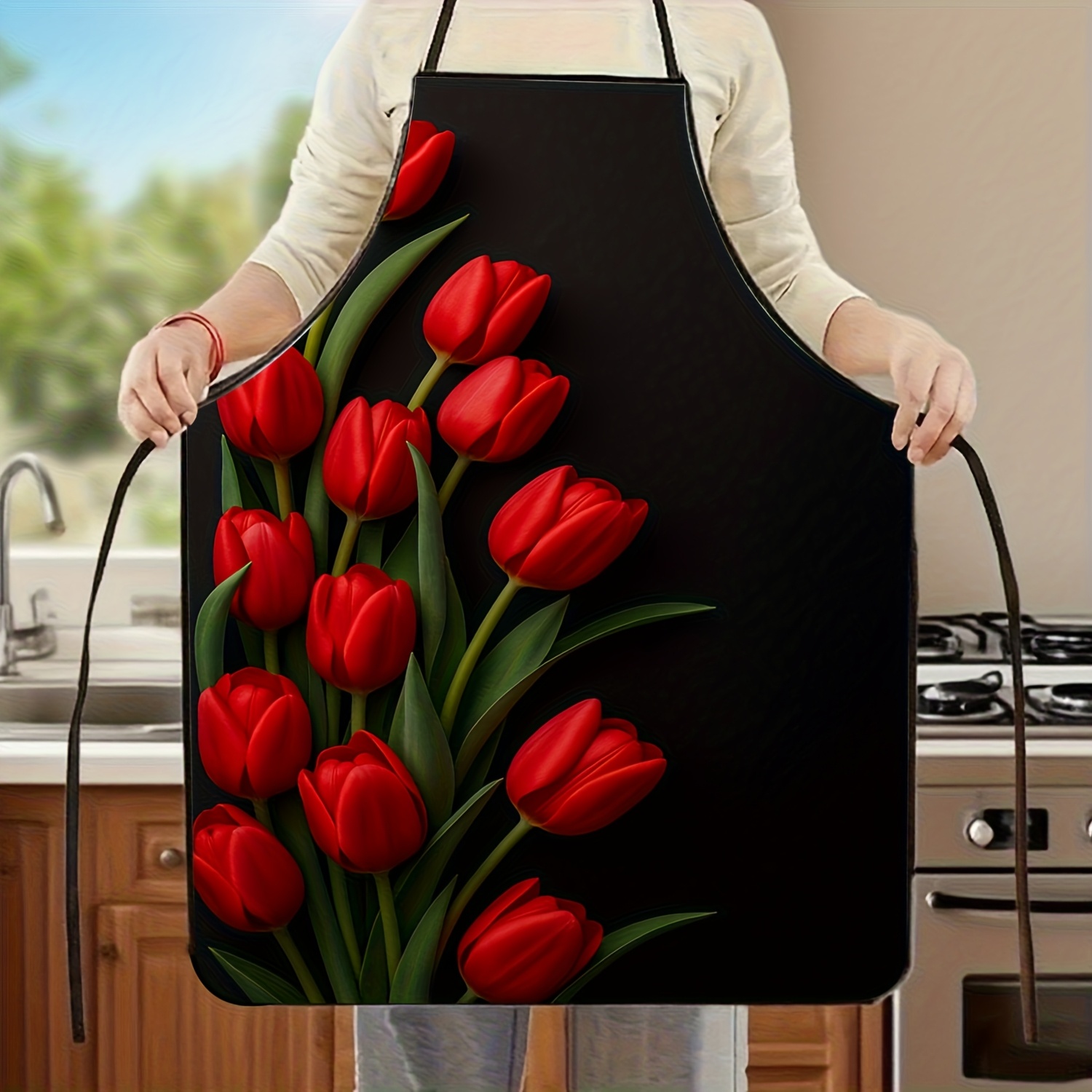 Kitchen Baking Background - 1pc 레드 튤립 꽃 앞치마 블랙