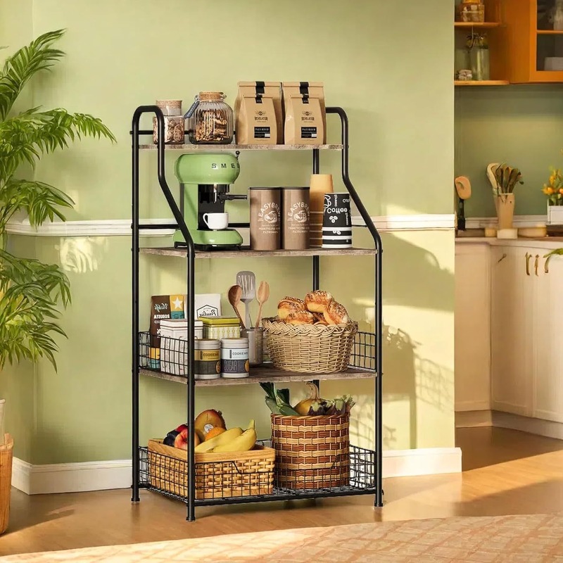Kitchen Baking Table - 4단 철제 나무 수납 선반, 전자레인지